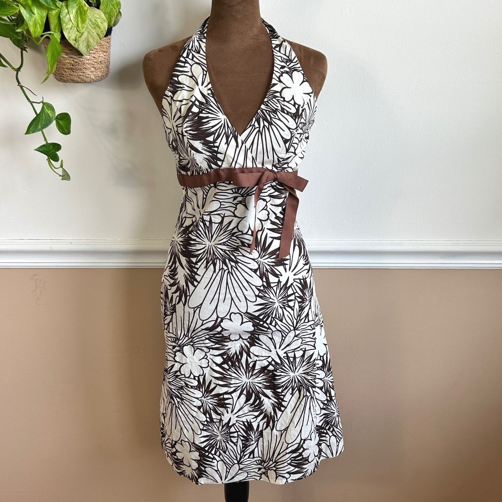Vintage y2k Speechless Brown White Floral Halter Dress Empire Waist Ribbon Trim